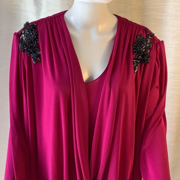 WHY Plus Size 21/22 Pink Beaded Shoulder Drop Waist Long Sleeve Evening Dress - Picture 2 of 12